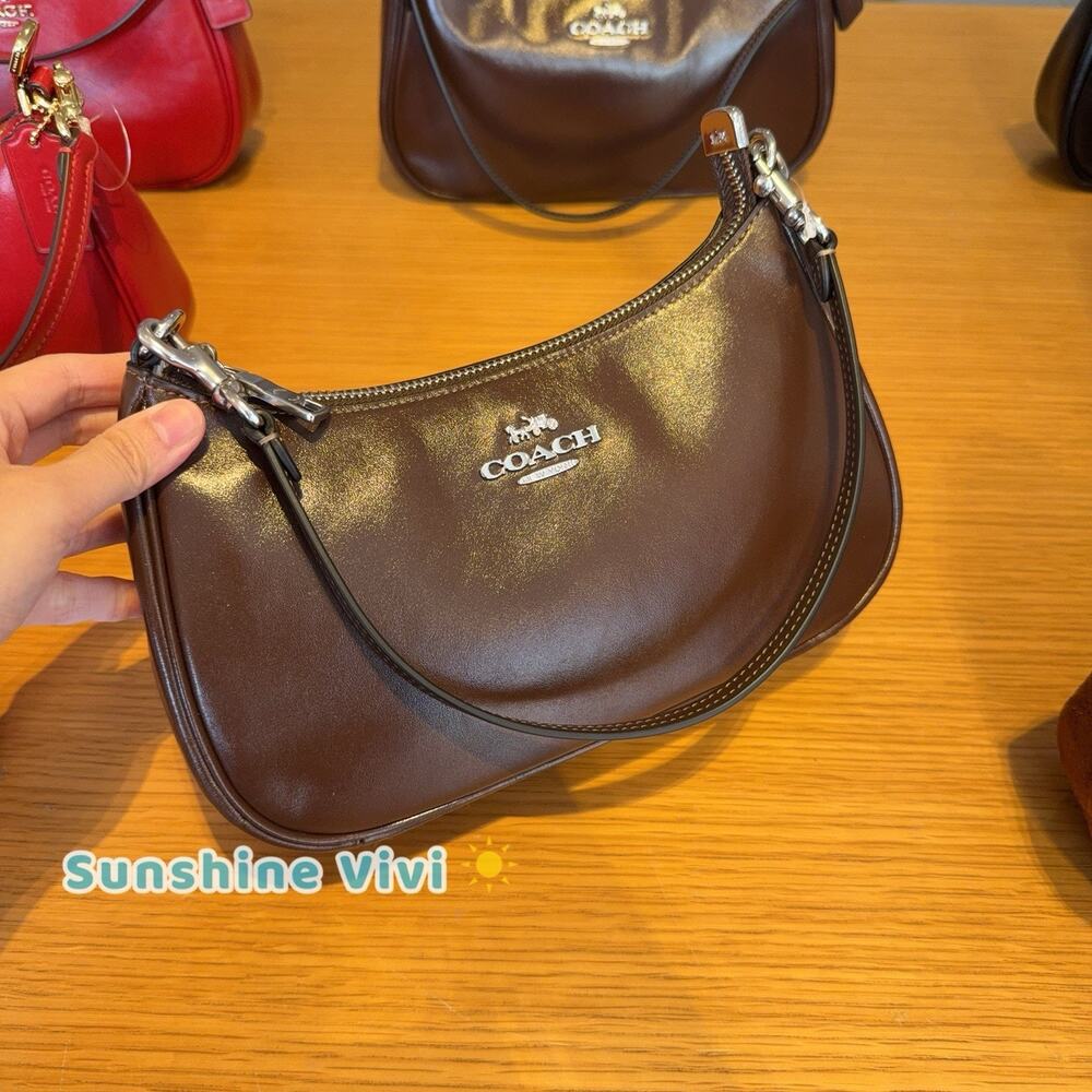 NWT Coach Soft Teri Shoulder Bag CFQ12 Shiny smooth leather Silver/Maple